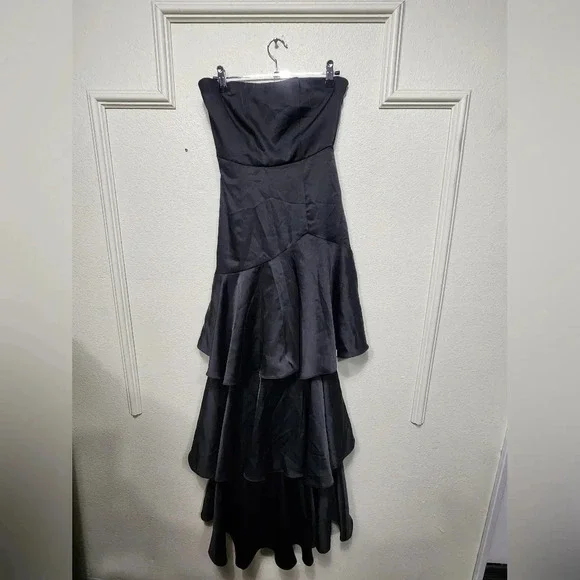 Lulus Blissfully Beautiful Black Satin Strapless Tiered Maxi Dress Wedding  Prom
